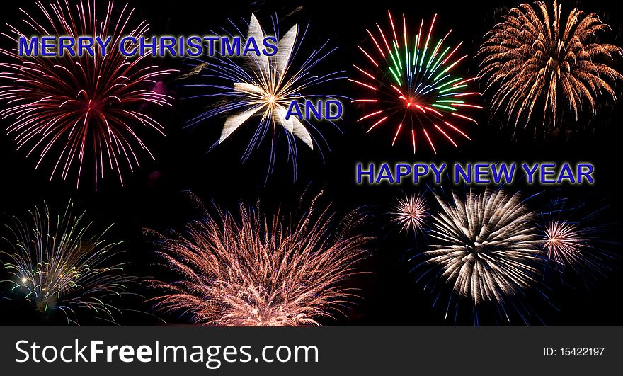 A display of fireworks with christmas wish. A display of fireworks with christmas wish