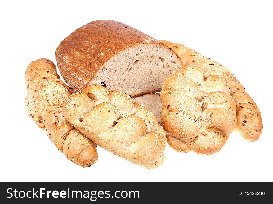 Assorted composition of breads isolated on white background. Assorted composition of breads isolated on white background