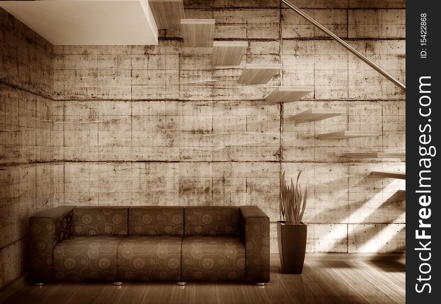 Modern room with dark sofa and concrete wall