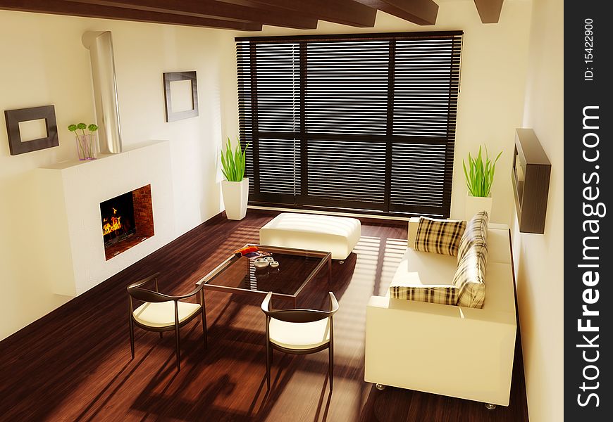 Modern interior room with white furniture and fireplace