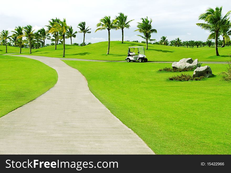 White golf cart in golf course