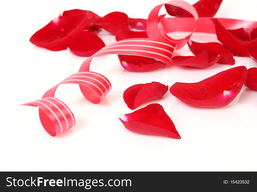 Streamer and petals on a white background