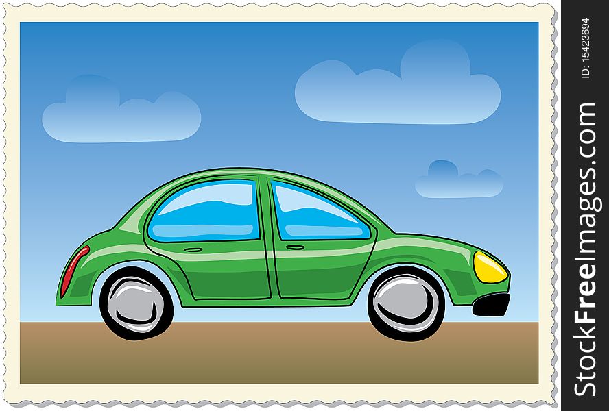 Vector illustration postage stamp with funny cartoon green car in cloudy blue sky background. Vector illustration postage stamp with funny cartoon green car in cloudy blue sky background