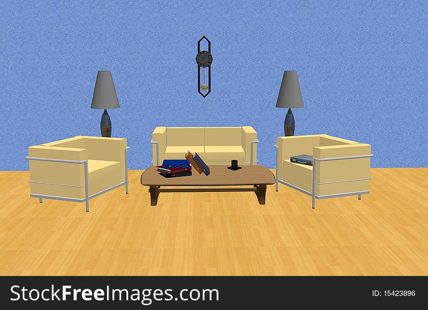 Living room interior and work files on a table. Living room interior and work files on a table