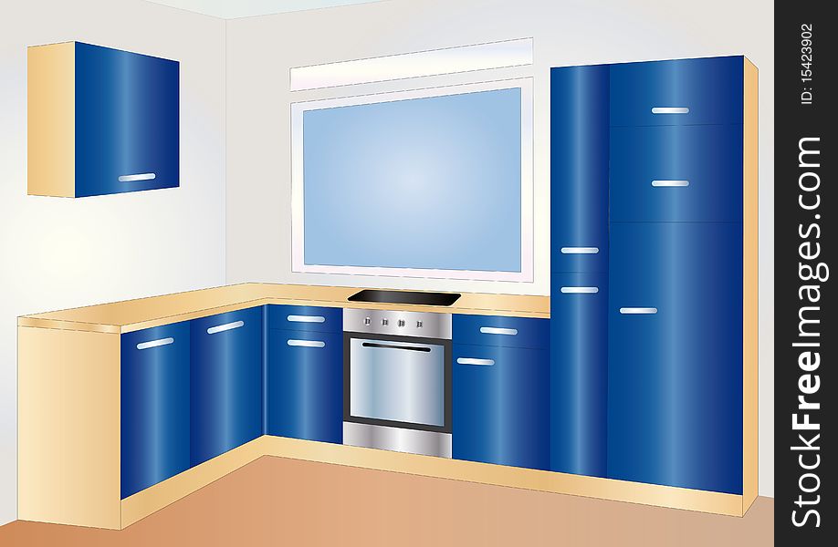 Illustration of a blue kitchen interior. Illustration of a blue kitchen interior