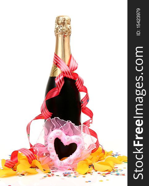 Champagne and heart on a white background