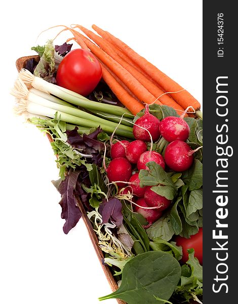 Fresh carrots, radishes, scallions, tomatoes and greens. Fresh carrots, radishes, scallions, tomatoes and greens