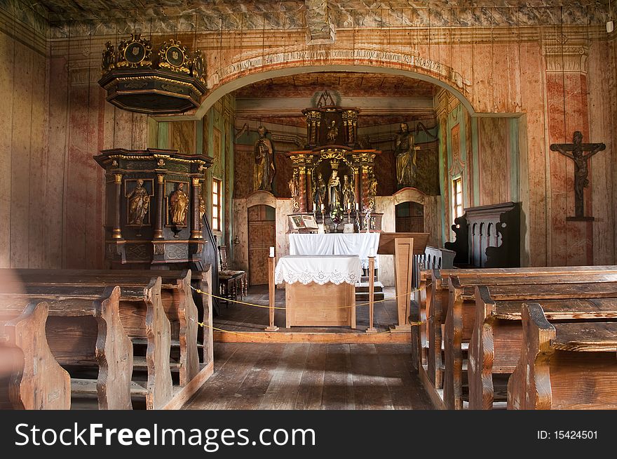 Interior of traditional wooden church, Slovakia