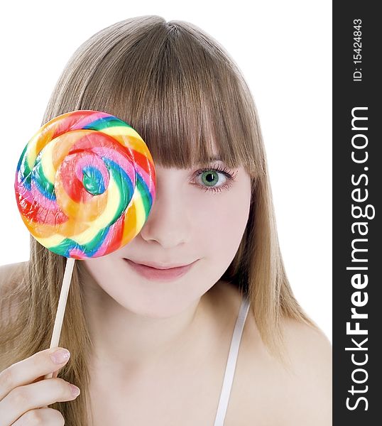 Bright picture of happy blondie with color lollipop. Bright picture of happy blondie with color lollipop