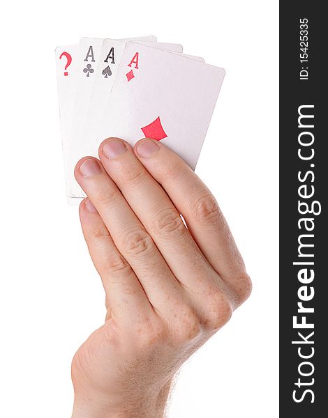 Winning poker hand of aces playing cards suits on white. Opportunity
