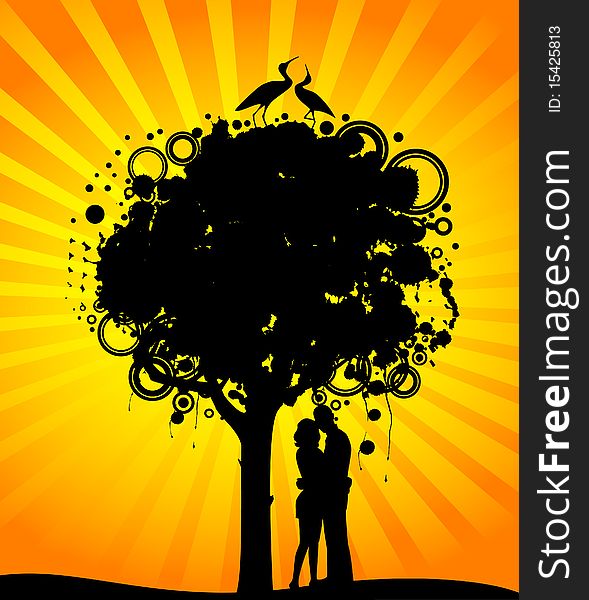 Abstract colorful tree with lovers. Nature decoration.