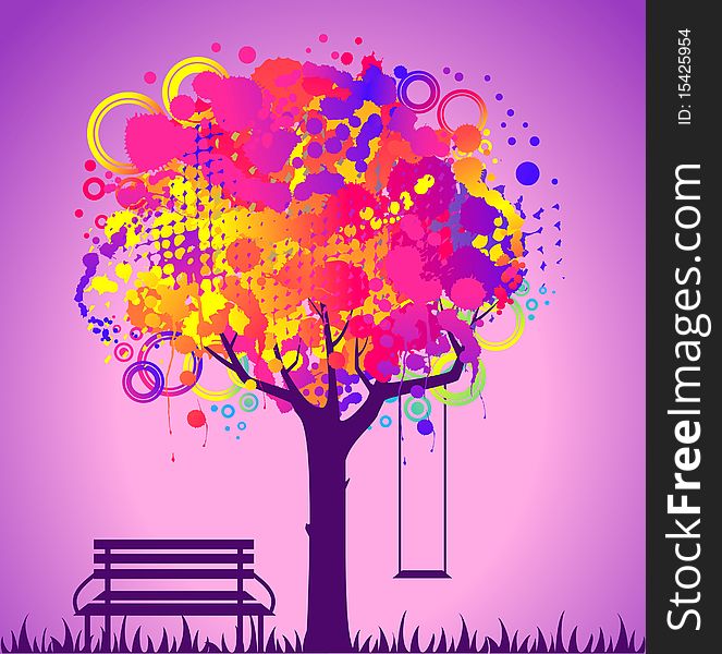 Abstract colorful tree with bench and swing. Nature decoration.