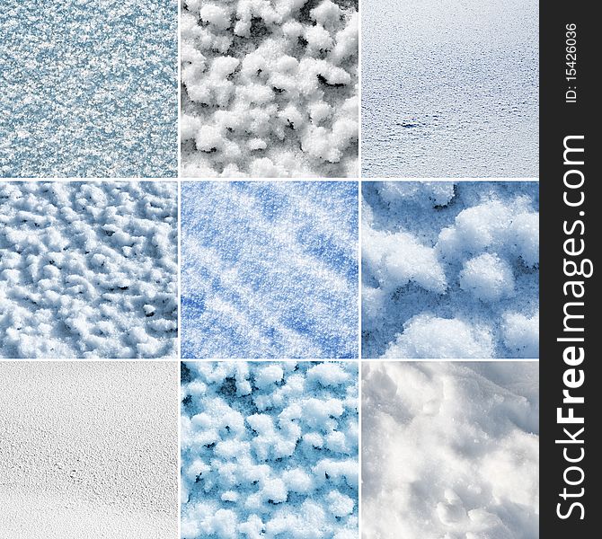 Collage of nine different snow textures. Collage of nine different snow textures