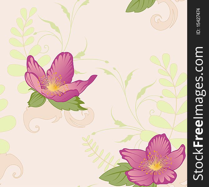 Vector floral seamless pattern with violet flowers and ornament