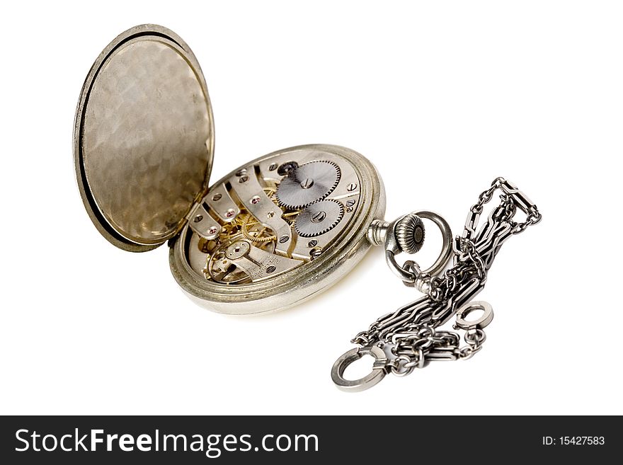 Old pocket watch with a chain isolated on white background