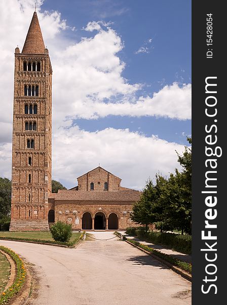 Pomposa Abbey. Benedictine monastery near Ferrara (Italy) it was one of the most important in northern Italy. Example of Romanesque architecture, it was built in the 9th century and later enlarged.