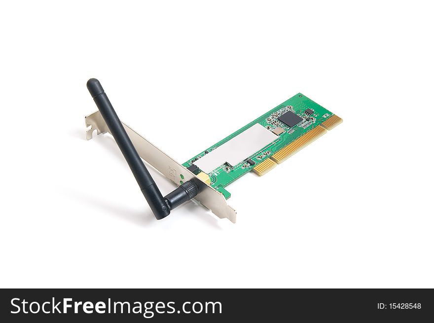 Wireless network adapter pci computer card on a white background