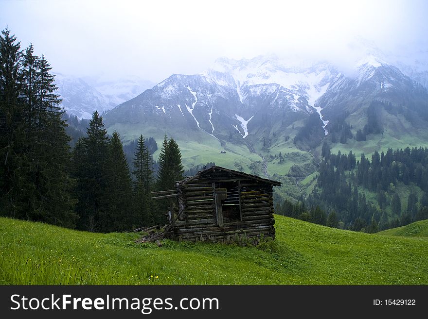 Alpine Scenery With Barn Shed And Snow Mountain Ba