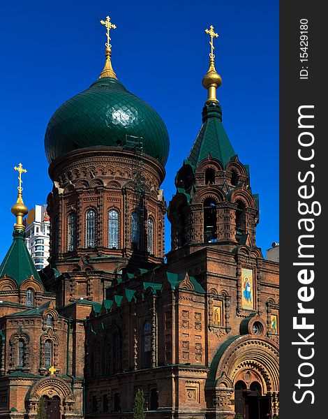 Interior of the Holy Sophia cathedral in Harbin china.Holy Sophia cathedral is centralized type, 77 meters long from east to west, 71.7 meters long from south to north, main part is a huge semicircle dome, very 15 meters high, the diameter of centre of the church is 32.6 meters, have 40 ribs in all, join the shelf on four blocks of wood 7.6 meters wide through the sail.