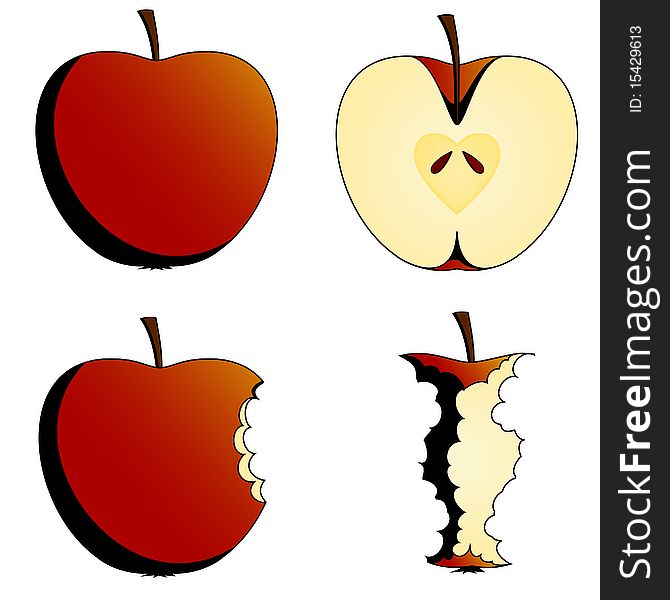 Four states of red apples, isolated illustrations. Four states of red apples, isolated illustrations