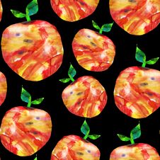 Seamless Abstract Pattern. Fruits Are Made In The Technique Of A Collage Of Watercolor Background. Drawn By Hand. Decorative Apple Stock Photo