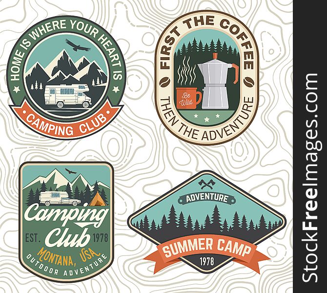 Set Of Camping And Caravanning Club Badges. Vector. Concept For Logo, Print, Stamp, Patch Or Tee. Vintage Typography