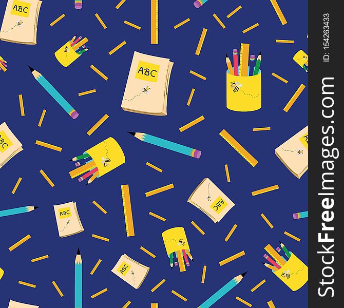 Bright blue and yellow back to school design with pencils, notebooks and rulers. Seamless vector pattern on dark blue
