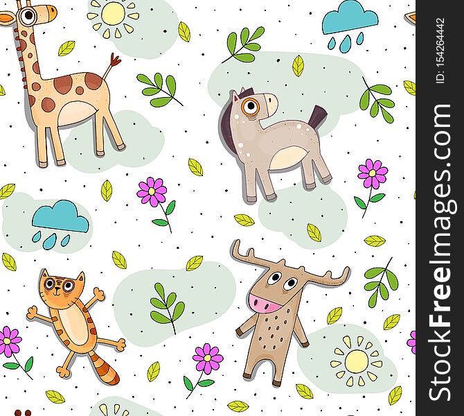 Childish cartoon vector seamless pattern with cute color animals and decorative elements. hand drawing