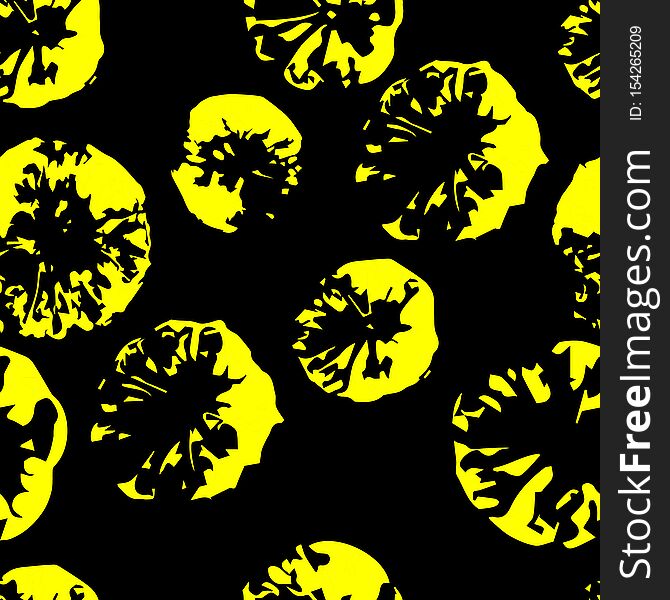 Seamless Monochrome Pattern. Abstract Background. Lemon Imprint. Decorative Print Of Yellow Lemons On A Black Background