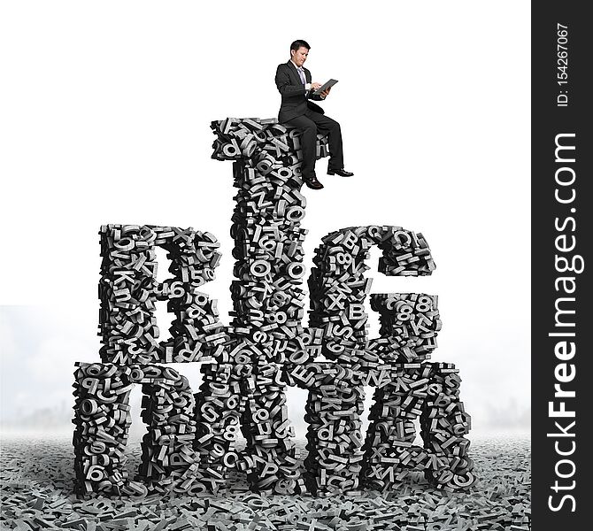 Big data, information analysis and restructuring concept. Business man sitting on gray 3D letters and numbers in BIG DATA words shape. Big data, information analysis and restructuring concept. Business man sitting on gray 3D letters and numbers in BIG DATA words shape