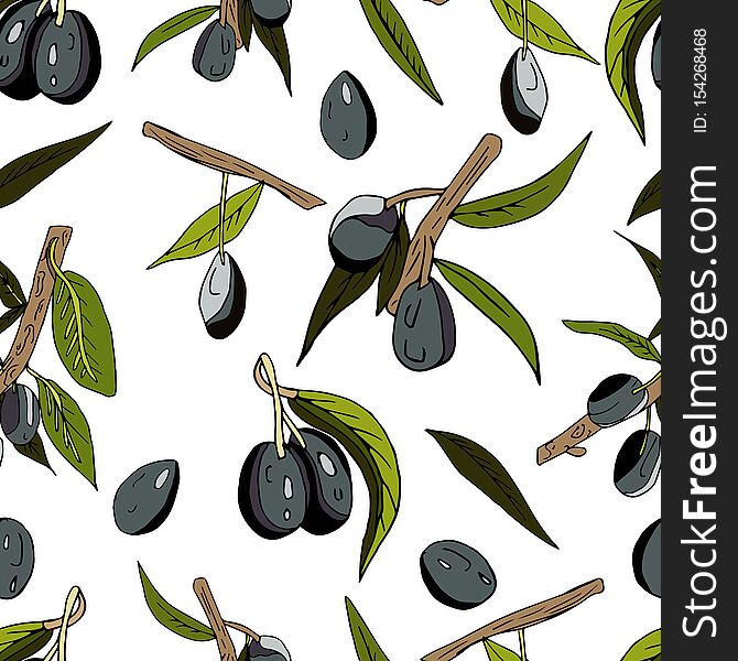 Seamless abstract pattern of olives, twigs, leaves and fruits on a white background. Decorative juicy print