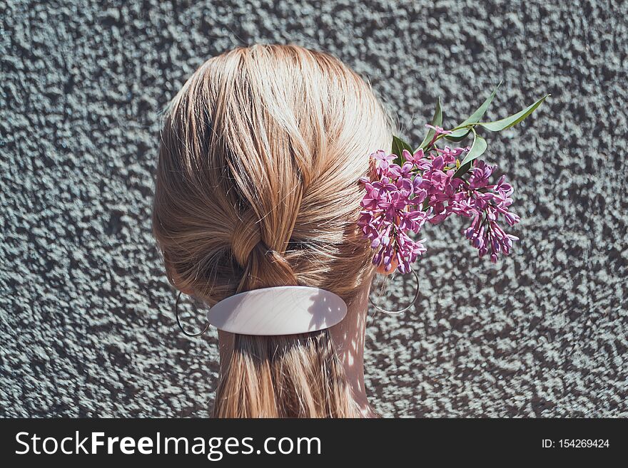 Lilac in the hair. On the texture background, woman, beautiful, spring, girl, beauty, flower, pink, portrait, wreath, flowers, young, model, summer, garden, female, white, face, purple, fashion, makeup, nature, outdoor, color, violet