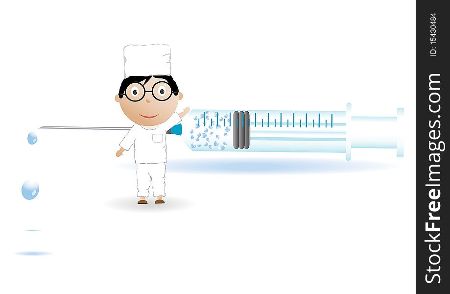 Vector the doctor near a syringe with a medicine on a white background