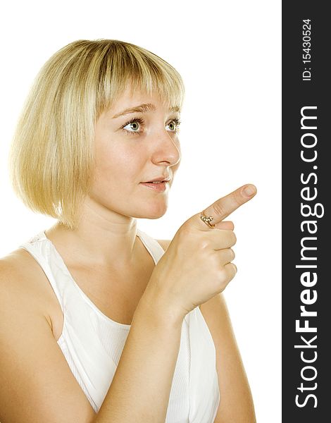 Young businesswoman on a white background. Specify finger
