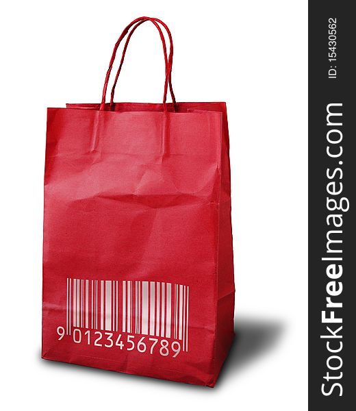 Red Crumpled paper bag bar code print on reflect floor