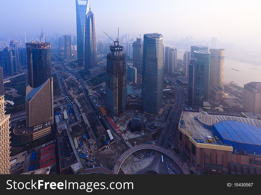 Bird's eye view of Shanghai Pudong .