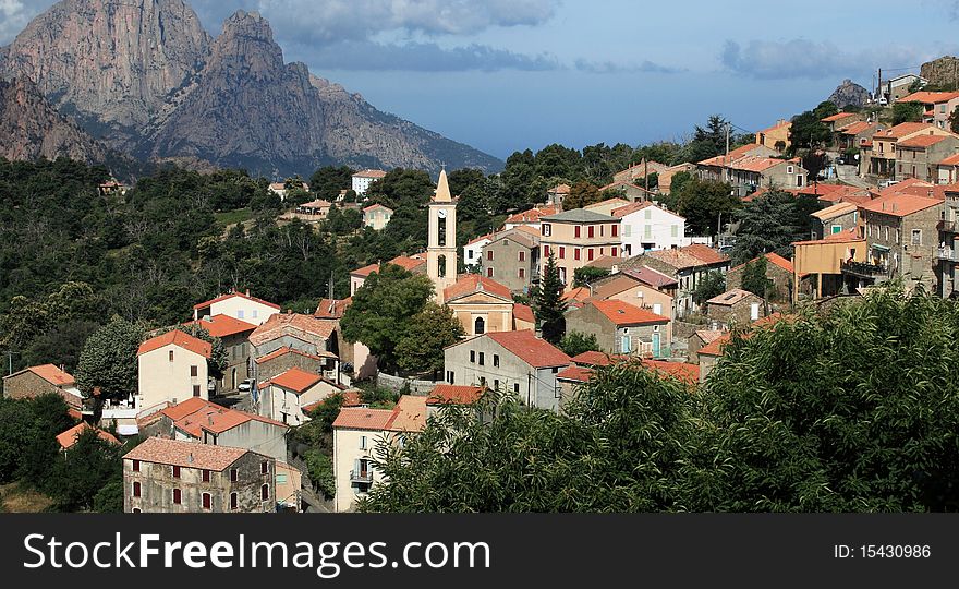 View of a mountain village in Corsica.