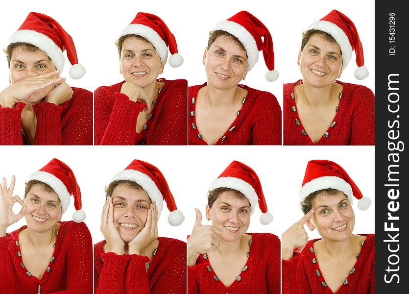 Woman in a Santa Claus hat on white background