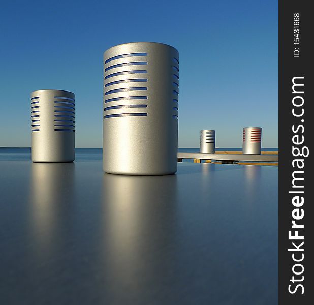 Candle light holders on a plain surface outdoor by the sea and with blue sky. Sweden