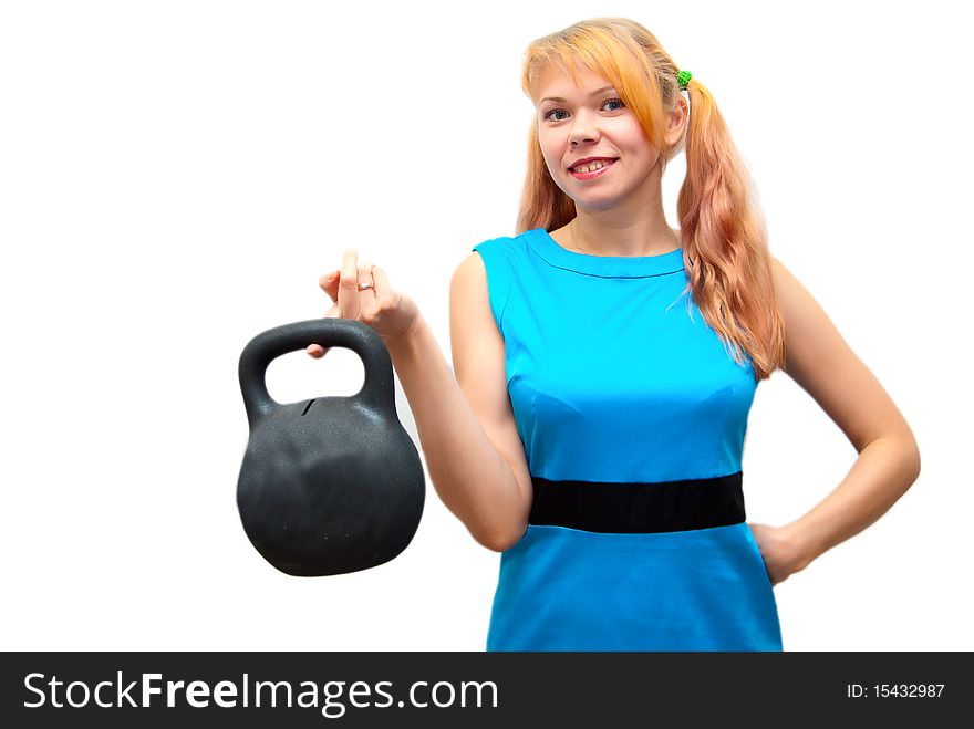 Young strong sexy woman in blue dress with dumbbells. Young strong sexy woman in blue dress with dumbbells