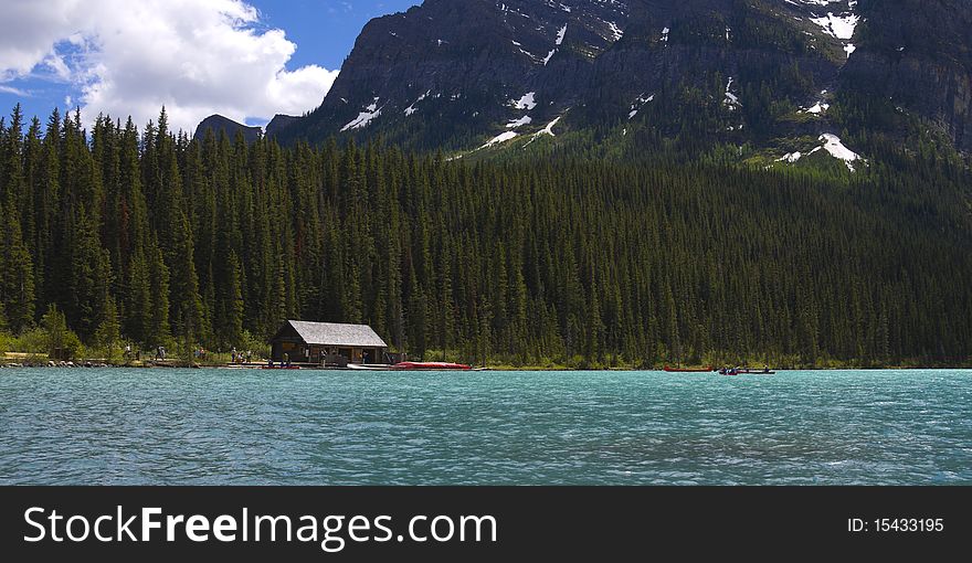 Lake Louise Boat House with canoes