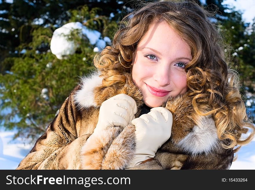 Pretty Girl In Winter Forest