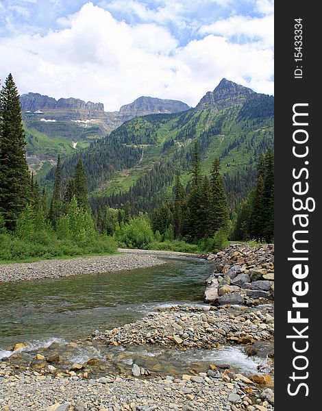 Glacier River, summer morning colorfull rocks and mountains. Glacier River, summer morning colorfull rocks and mountains