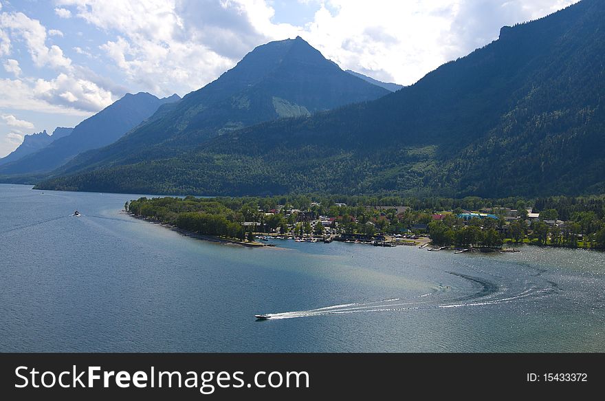 Bird view of waterton village and lake in the waterton lakes national park, alberta, canada