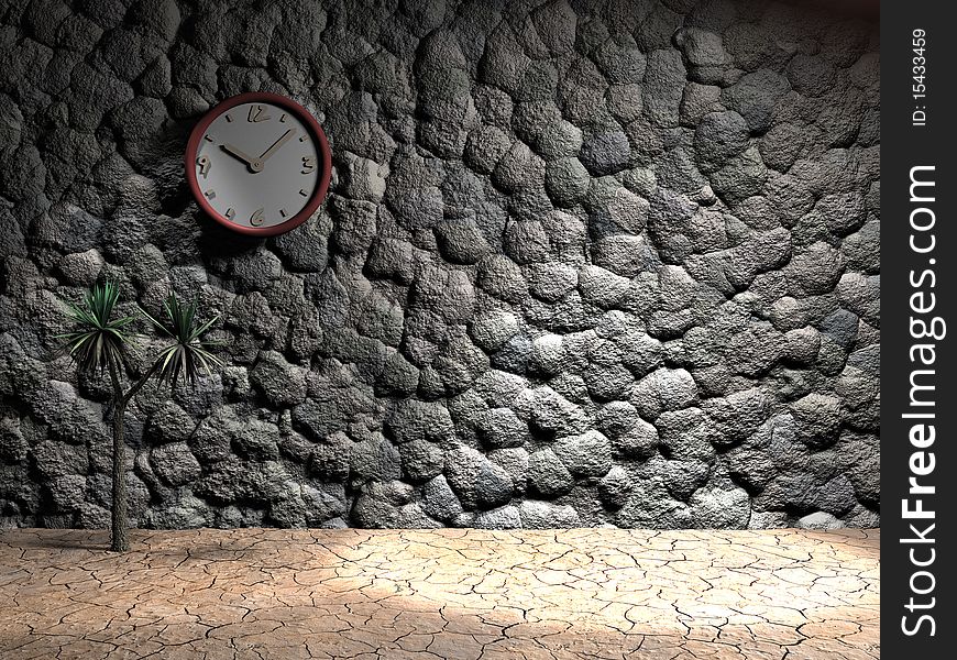 A clock on a stone wall with spot light and cracked earth with copy space. A clock on a stone wall with spot light and cracked earth with copy space.