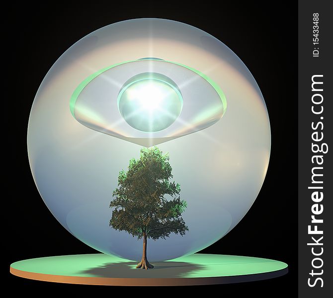 A crystal ball with eye watching over green tree. A crystal ball with eye watching over green tree.