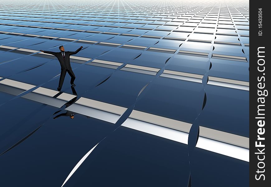 A businessman balancing on perspective grid background. A businessman balancing on perspective grid background.