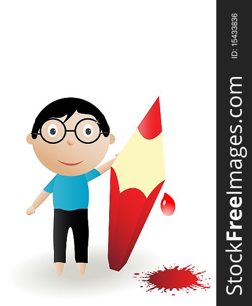 Vector illustration boy, colour pencil with blots on a white background
