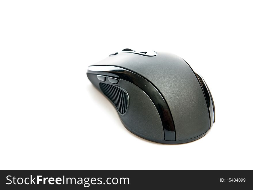 One black pc mouse isolated on white background. With soft shadow