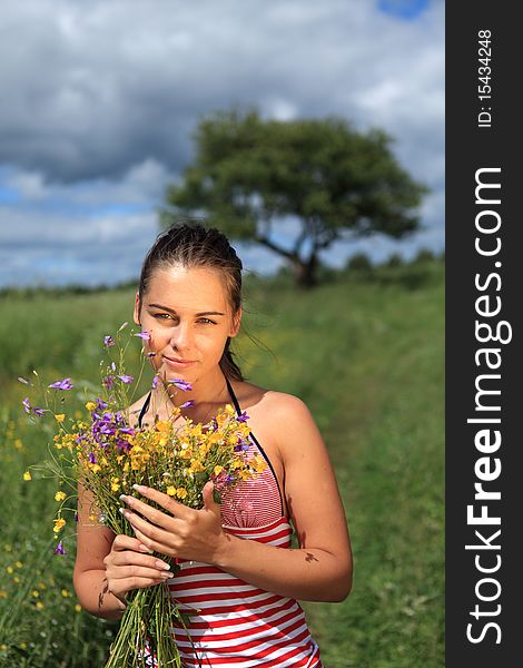 Girl is gathering bouquet of wildflowers in a field. Girl is gathering bouquet of wildflowers in a field